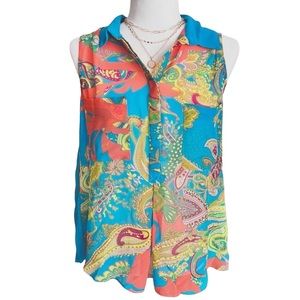 BCBG Max Azria || Blue & Orange Sleeveless Patterned Button-Down Blouse || Small